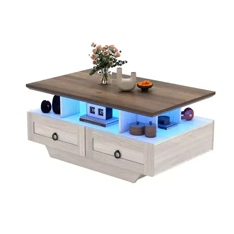 Wood Farmhouse Industrial Cocktail Center LED Coffee Table with Storage 4 Drawers For Living Room