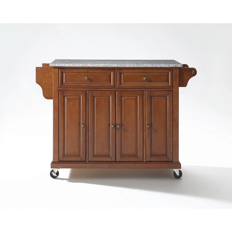 Cherry Rolling Kitchen Cart with Gray Granite Top 3 Cabinets 2 Drawers and Spice Rack