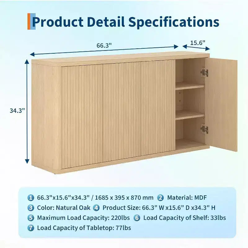 66.3 Fluted Buffet Cabinet with Storage, Wide Sideboard Cabinet with 4 Doors & Adjustable Shelves, for Kitchen, Entryway, Living Room