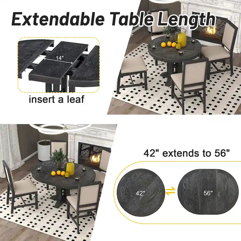 Black Wooden Dining Table with Extendable Round Table & 4 Chairs