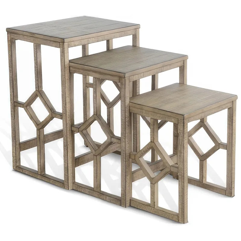 Rena 3 Piece Nesting Accent Table Set, Slatted, Light Brown Mahogany