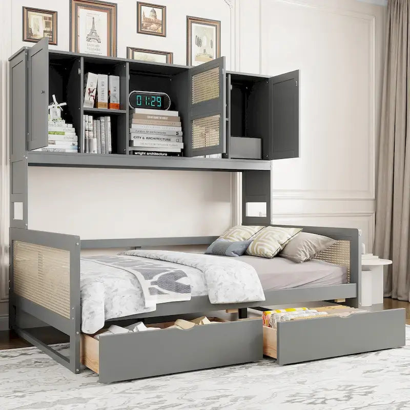 Full Size Wood Daybed with Storage Drawers, Shelf and Cabinet
