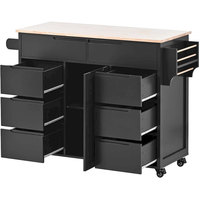 Rolling Kitchen Island Cart with 8 Handle-Free Drawers Rubberwood Top and Spice Rack