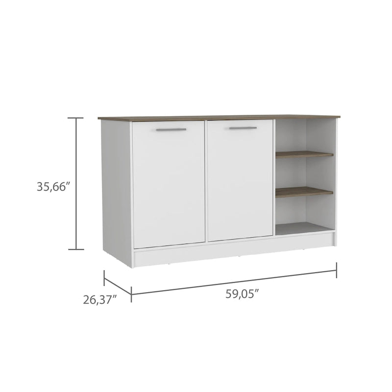 White and Dark Brown Stationary Kitchen Island with 2 Cabinets and 3 Open Shelves