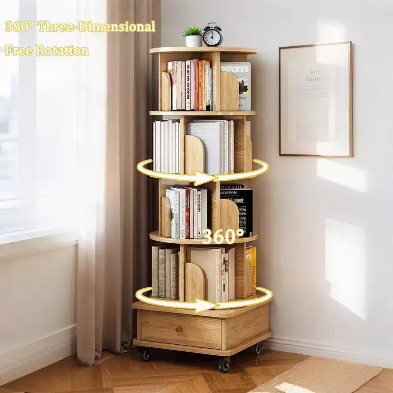 5-Tier 360�� Rotating Bookshelf Tower, Natural Wood