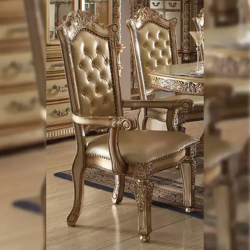 27" Vendome Accent Chair Bone Synthetic Leather/Gold Patina Finish - Acme Furniture: Luxury Tufted Armchair, Nailhead Trim
