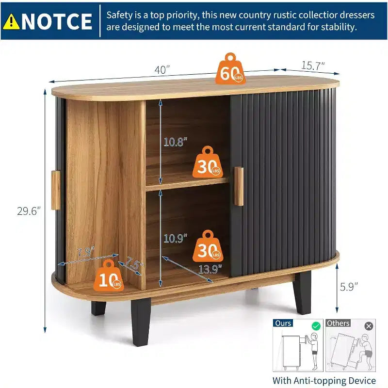 40'' Fluted Sideboard Buffer Cabinet, Storage Cabinet with Sliding Door & Adjustable Shelf, for Living&Dining Room Kitchen Hallway