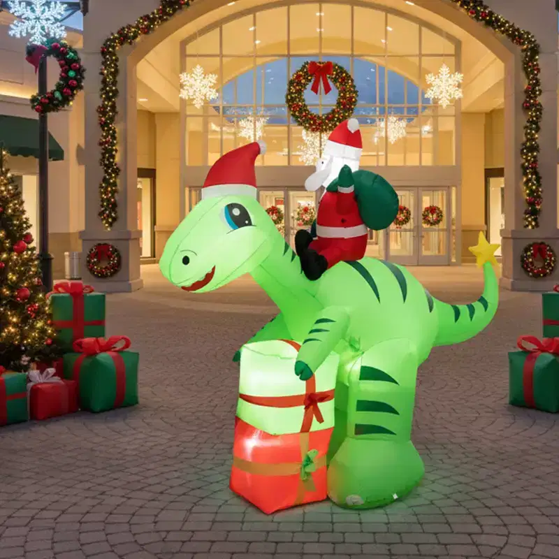 Gymax Xmas 8 Feet Inflatable Santa Claus Dinosaur LED Lighted Decor Gift Boxes for Indoor & Outdoor