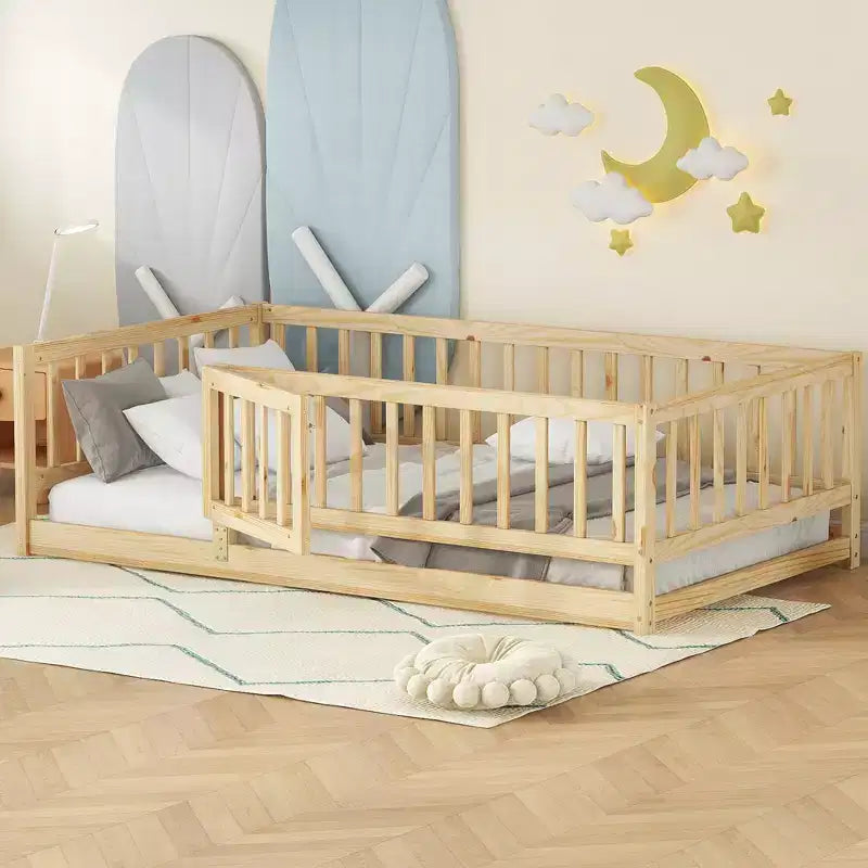 Twin/Full Size Kid Floor Bed with Fence & Door, Montessori Floor Bed Frame for Toddlers, Doubles as Play Area - ModernLuxe