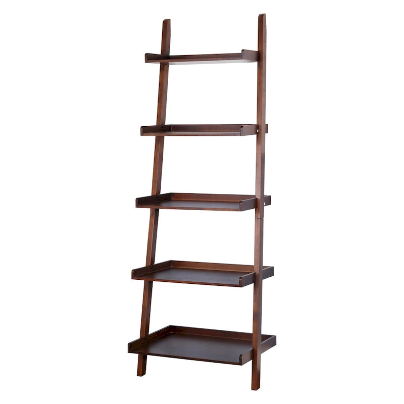 5-Tier Leaning Ladder Shelf Bookcase with Solid Wood Legs