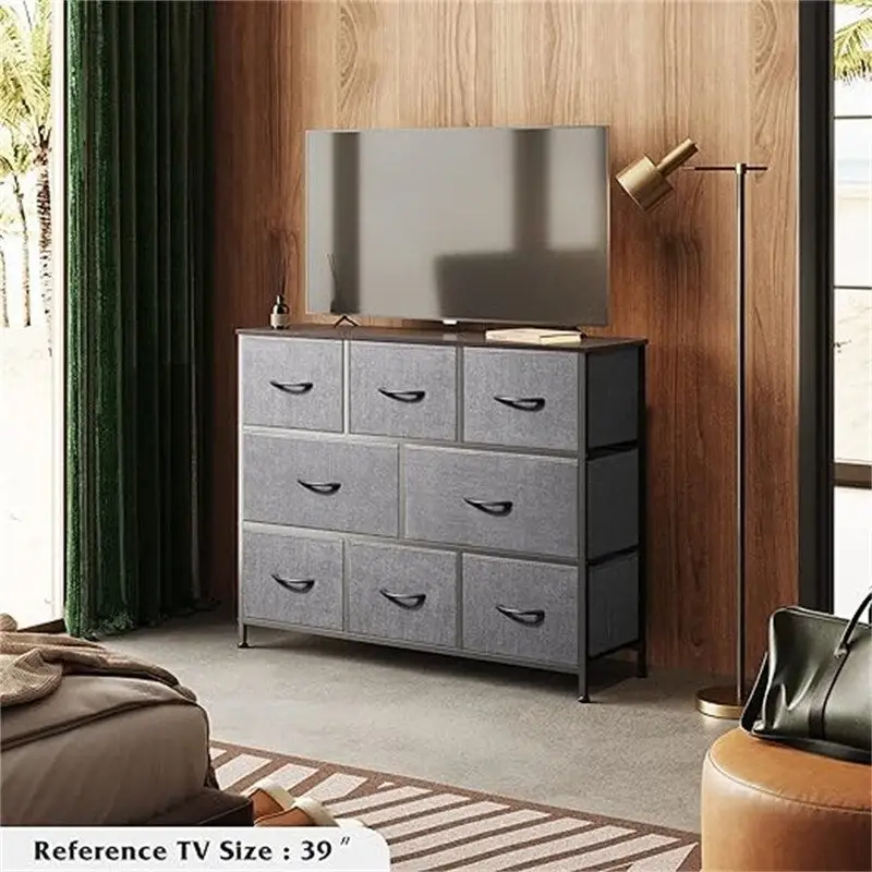 Charcoal Black / Greige / Dark Grey 8-Drawer Wide Dresser with Wood Top for 1 Person