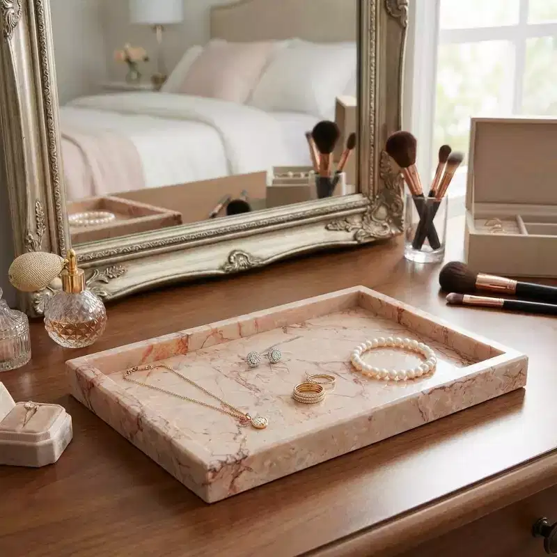Elegant Natural Marble Jewelry Tray Organizer, Mom's Day Gift Genuine Marble Stone Tray for Vanity Bathroom Home Decor