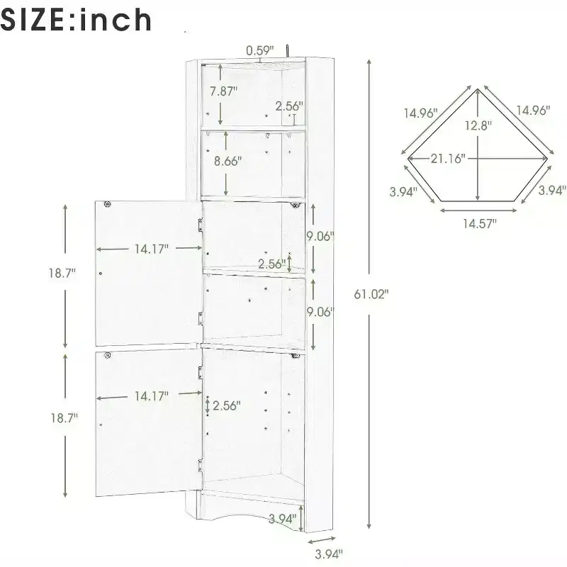 Modern Corner Cabinet, Tall Freestanding Storage Unit with Adjustable Shelves, Geometric Rhombus Design, Easy Assembly, Black Finish