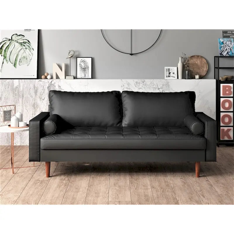 Mid-Century Modern Faux Leather Sofa with Track Arms