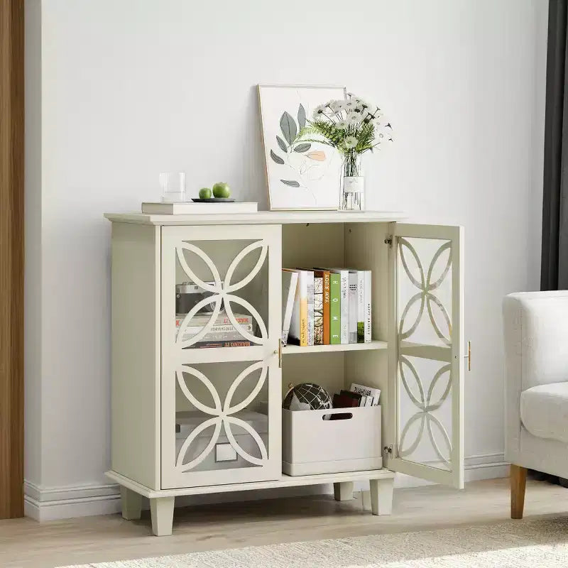 32 Cream Accent Cabinet with Glass Doors, Modern Retro Sideboard Buffet with Geometric Petal Design & Solid Wood Legs - Panipeachy
