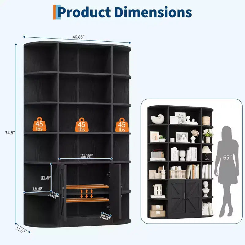 75 Tall Bookcase with Cabinet, 6 Tier Wooden Open Bookcase with Adjustable Shelf, Standing Display Storage Shelf for Home Office Living Room