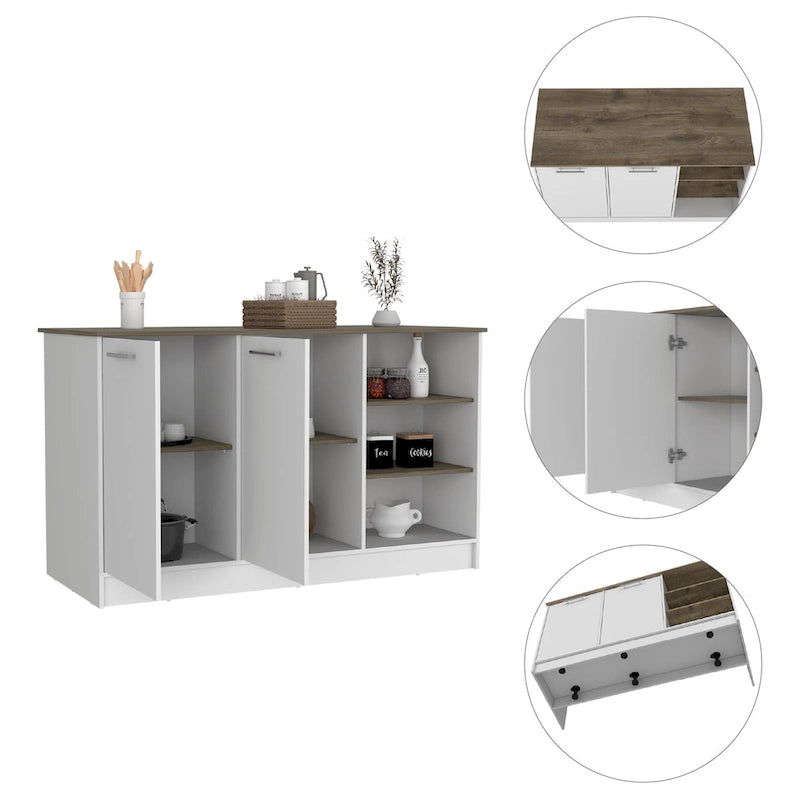 White and Dark Brown Stationary Kitchen Island with 2 Cabinets and 3 Open Shelves