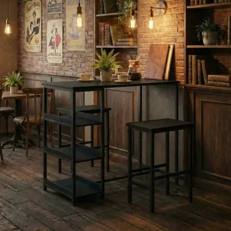 3-Piece Kitchen Table Set with Storage Shelves & 2 Bar Stools - Iron and Wood Dining Table for Small Spaces, Apartments