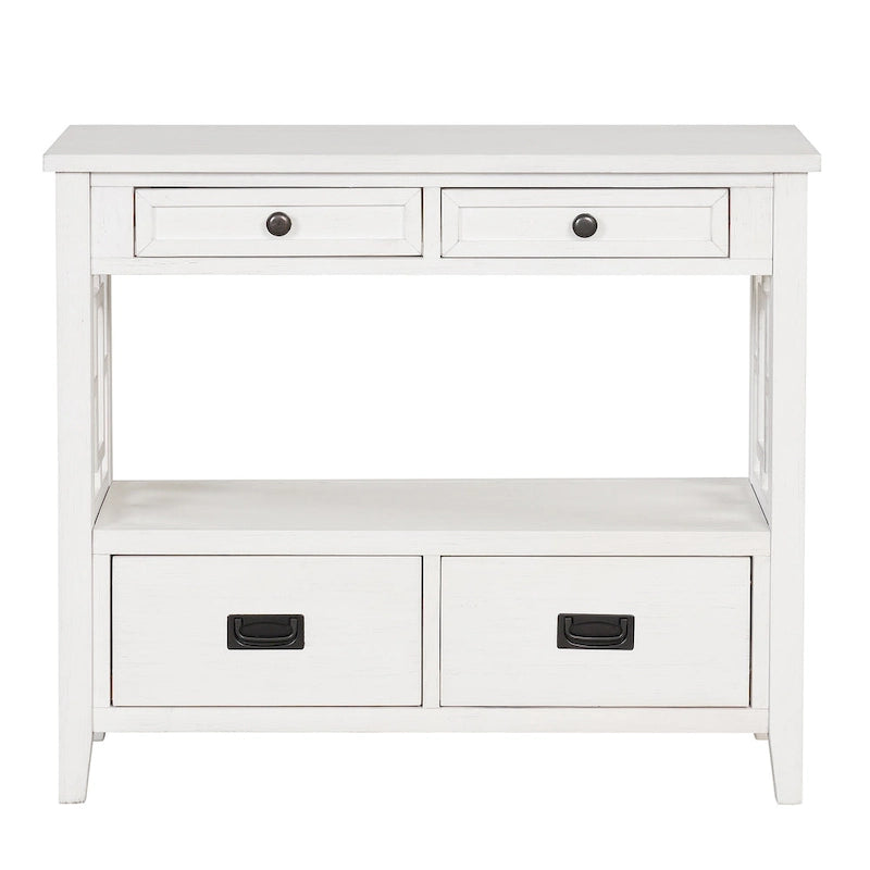 36 in. Farmhouse Pine Wood Console Table with 4 Drawers and Open Shelf