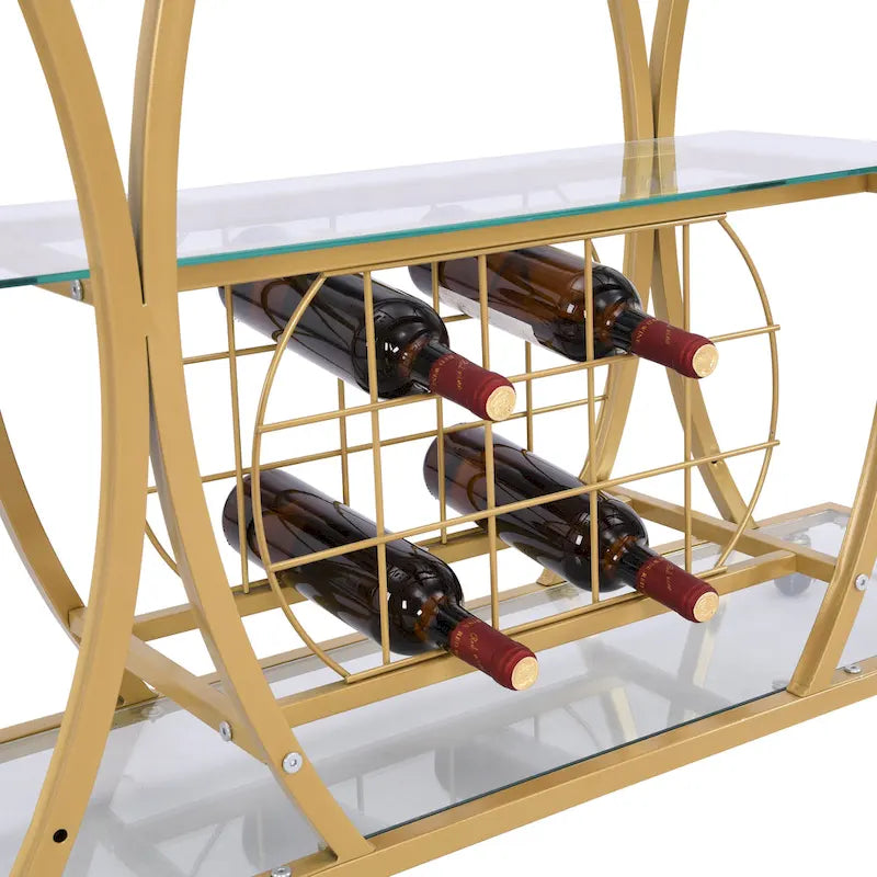 3-Tier Tempered Glass Rolling Bar Cart with Wine Rack and 16 Glass Holder