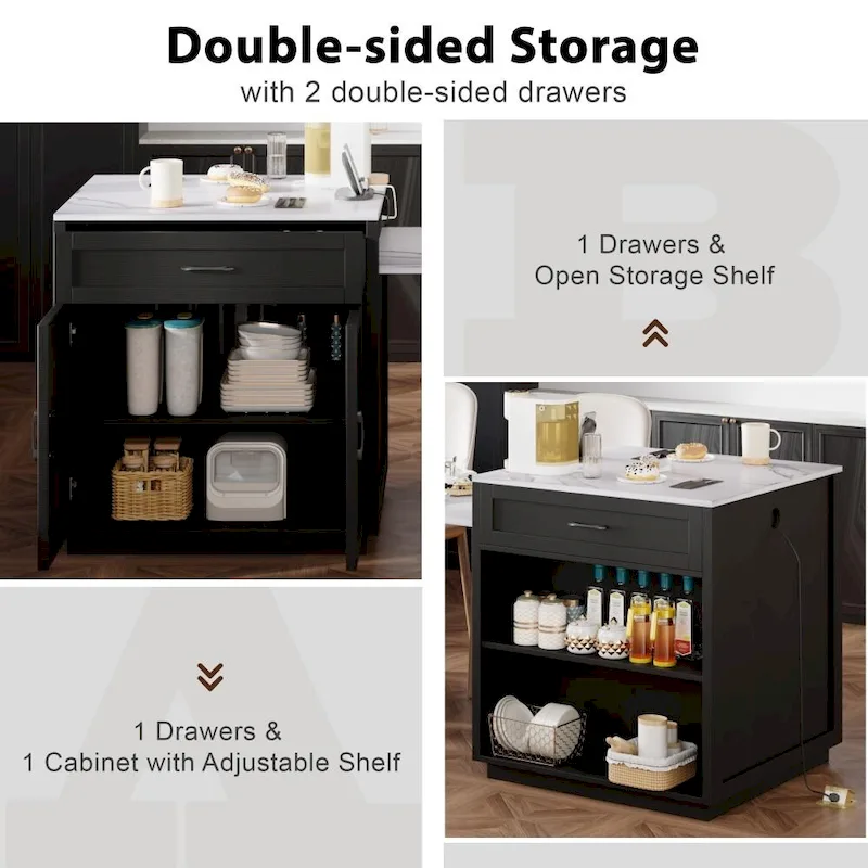 82.7 Wooden 4-6 Person Kitchen Island with Extendable Dining Table and Double-sized Storage