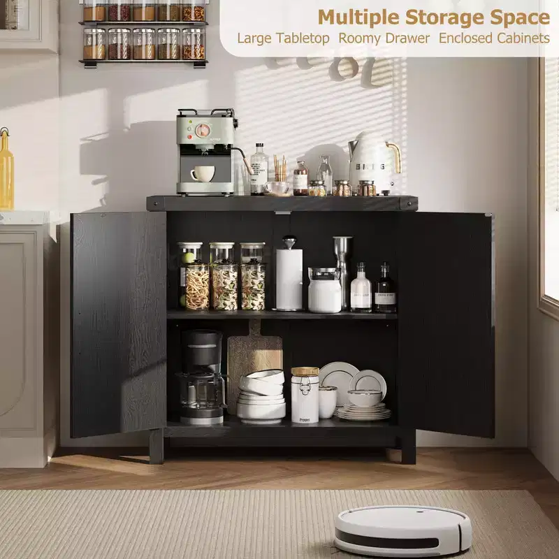 Rattan Sideboard Buffet Cabinet with Storage, Farmhouse Kitchen Accent Cabinet with Drawer, Boho Wooden Coffee Bar Storage
