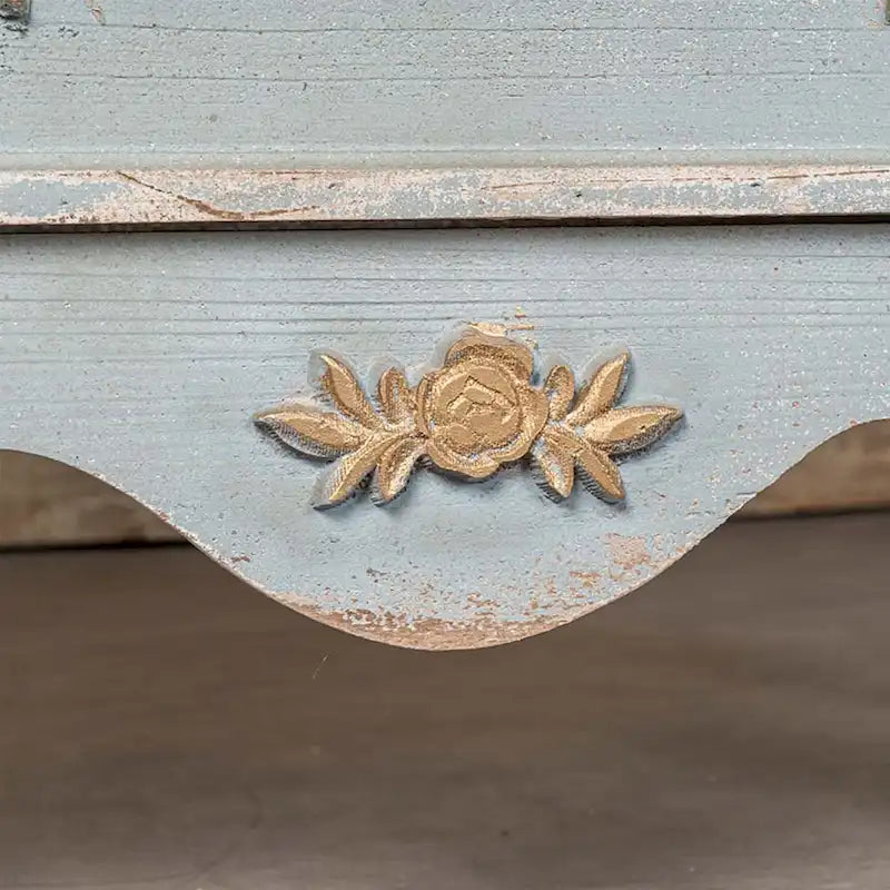 Distressed Light Blue Cream Top 2-Drawer Wood Cabinet with Gold Accents