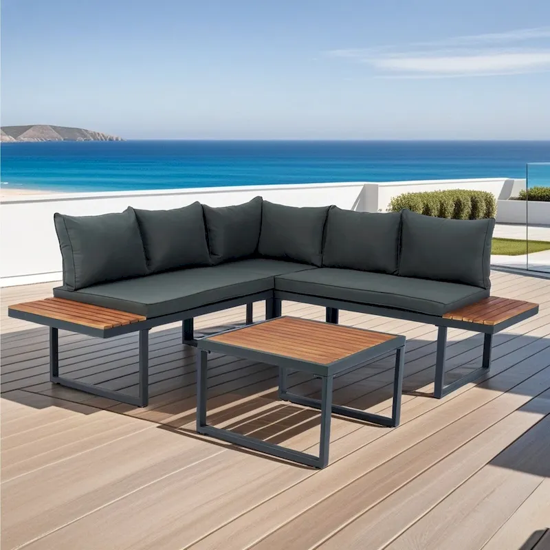 Set of 4 L Shaped Patio Wicker Conversation Set Outdoor 5 Seater Sectional Sofa with Side Table & Coffee Table