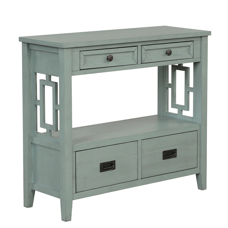 36 in. Farmhouse Pine Wood Console Table with 4 Drawers and Open Shelf