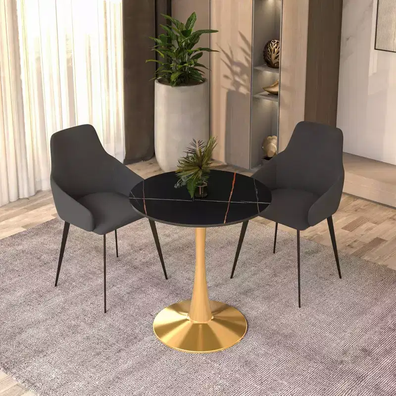 LeisureMod Bristol 27 Round Dining Table  Sintered Stone Top Accent Caf Table & Sturdy Steel Gold Pedestal Base for Kitchen and Small Spaces