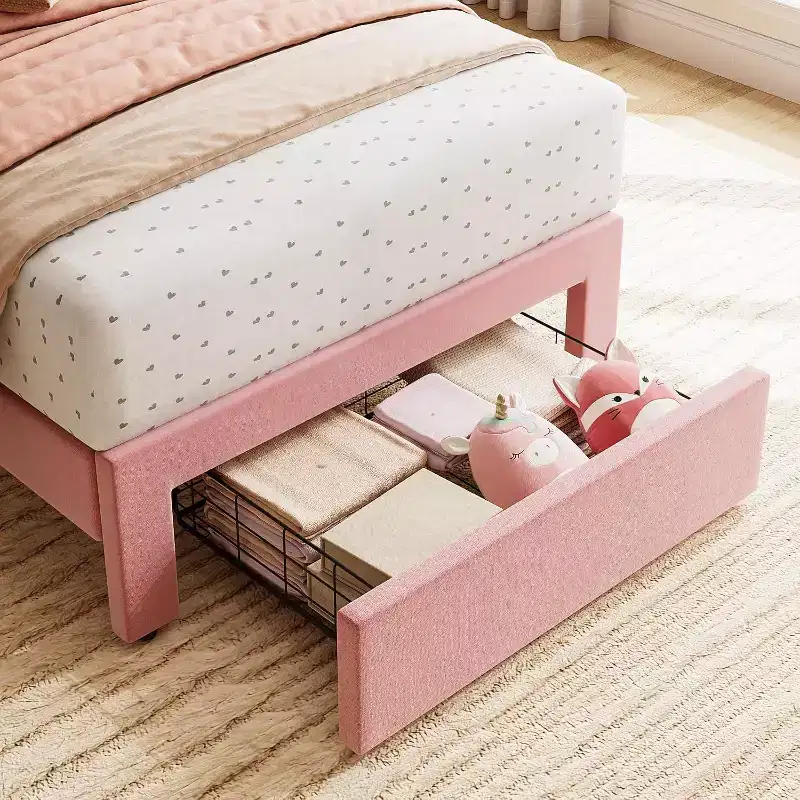 Velvet Upholstered Metal Frame Twin Platform Bed with Storage Drawer