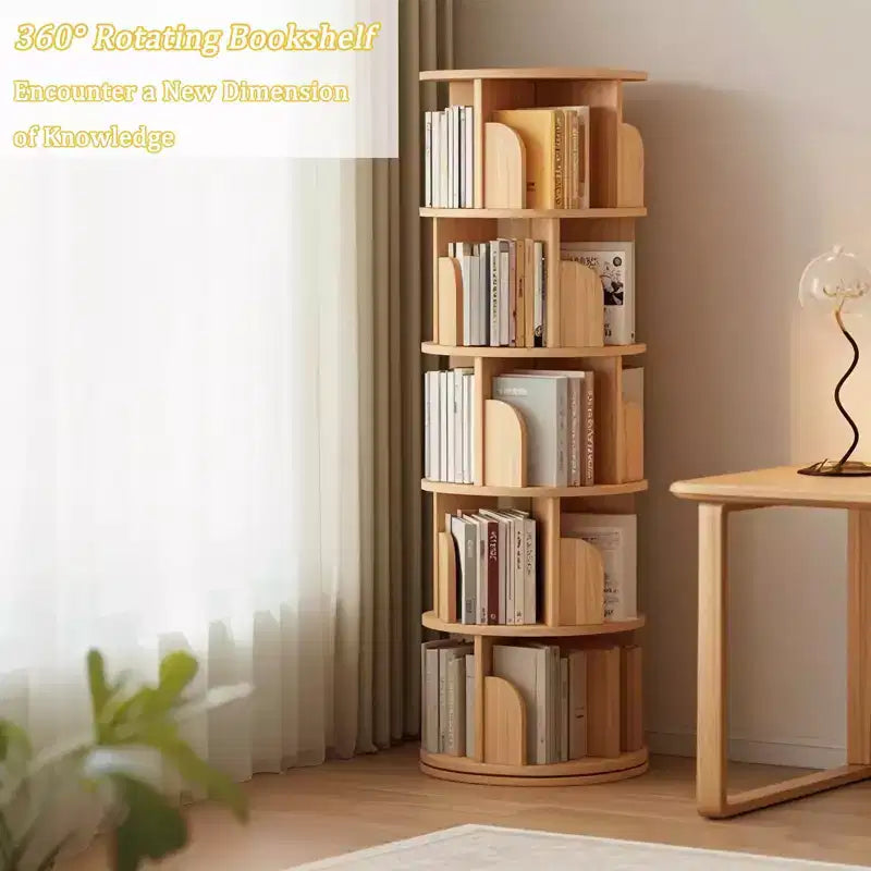 5-Tier 360�� Rotating Bookshelf Tower, Natural Wood