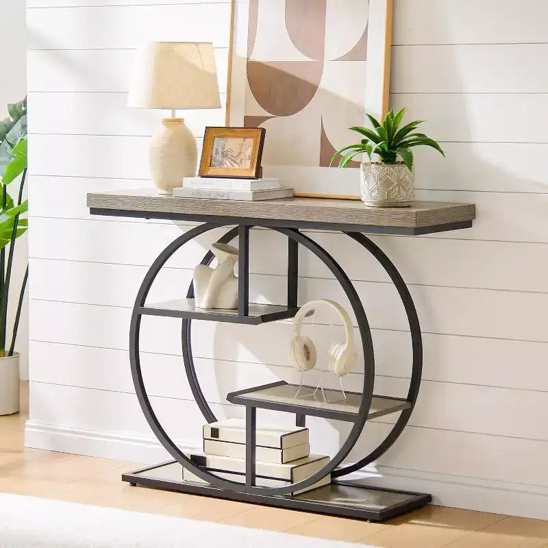 Industrial 4-Tier Console Table with Metal Frame and Wood Shelves