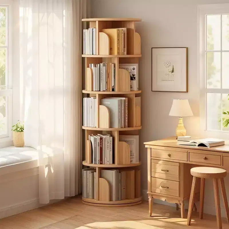 5-Tier 360�� Rotating Bookshelf Tower, Natural Wood