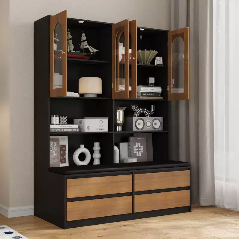 Bookcase with Cushioned Bench, Arch Glass Doors, Drawers and Shoe Storage