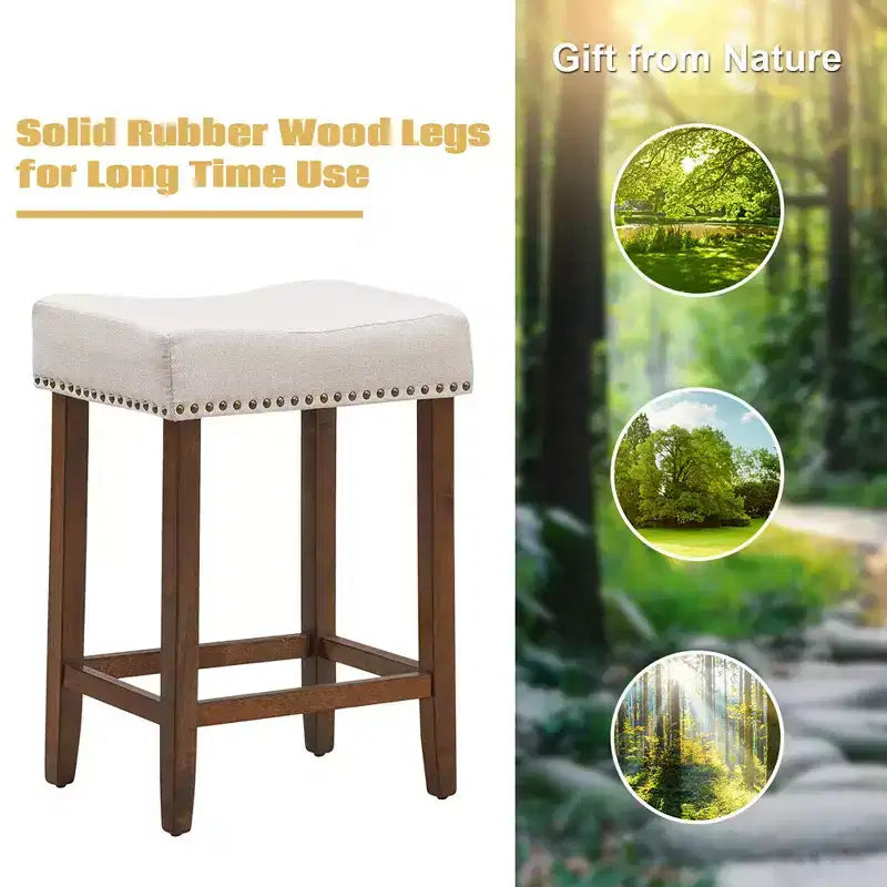 Set of 2 Nailhead Saddle Bar Stools 24 with Fabric Seat & Wood Legs, Beige/Gray