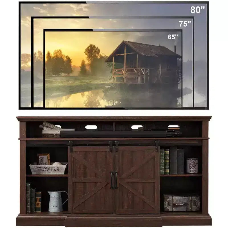 Farmhouse TV Stand for 80 TVs, 37 Tall Media Console with Sliding Barn Door and Adjustable Shelves
