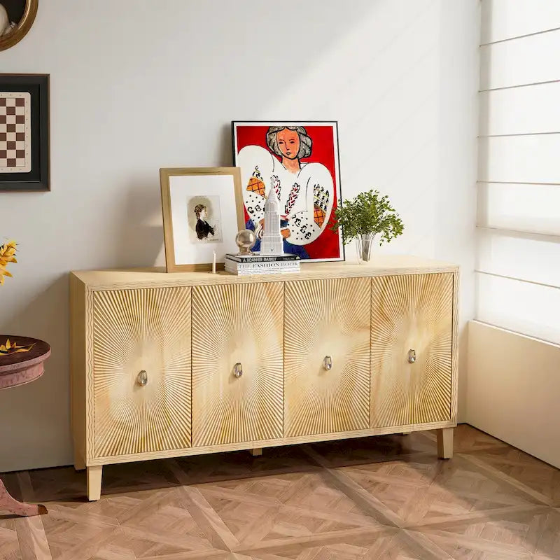 Vintage 4-Door Carved Sideboard Buffet Cabinet with Adjustable Shelves