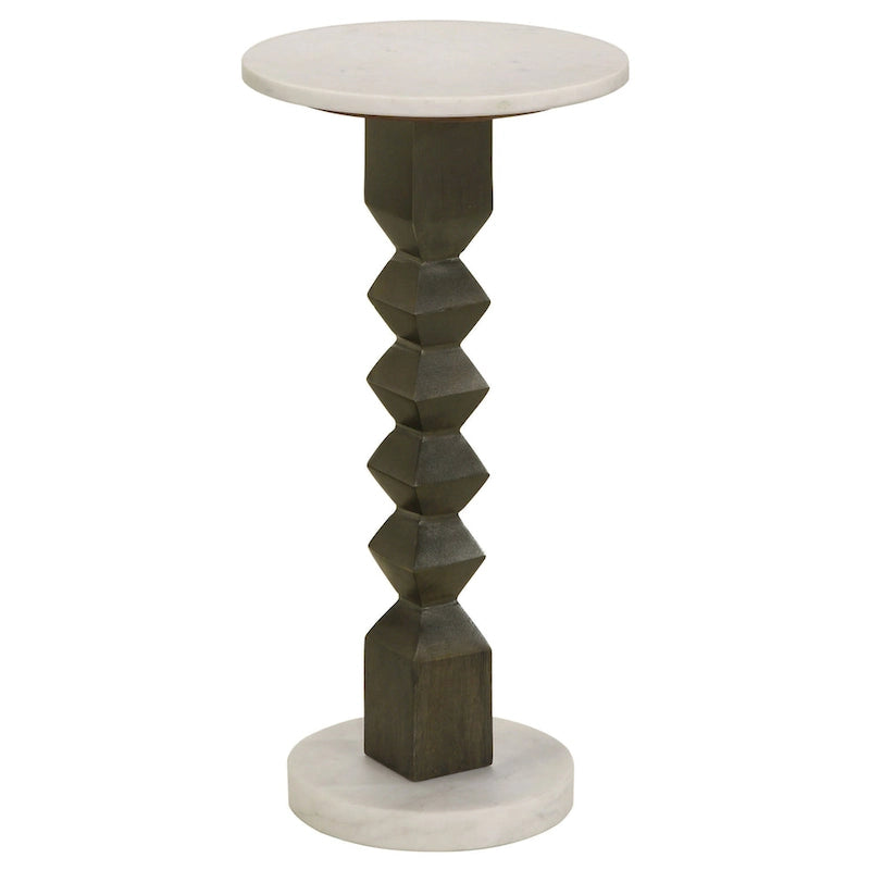 Drink Side Table, 11 Inch Round Marble, Spindle Pedestal Base, White, Gray