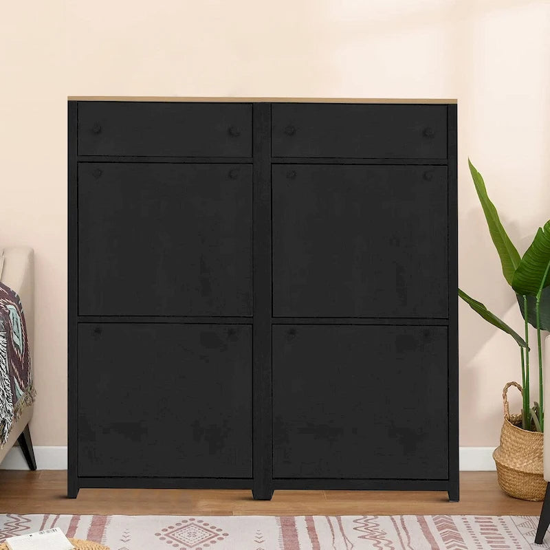 Modern Minimalist Set of Two Wooden Shoe Storage Cabinets