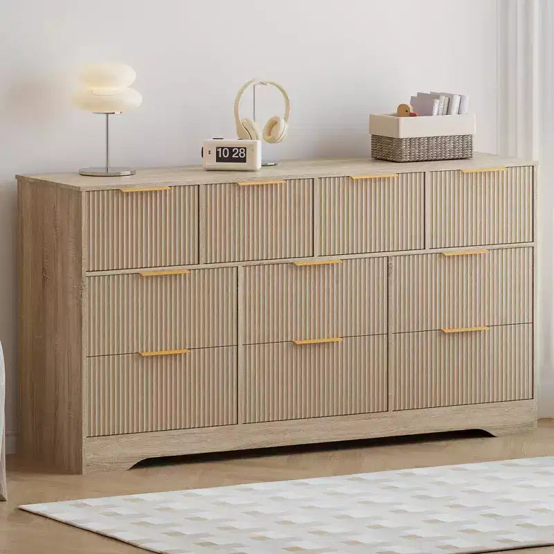 55 White Fluted Double Dresser with 10 Drawers & Gold Handles, Bedroom Chest