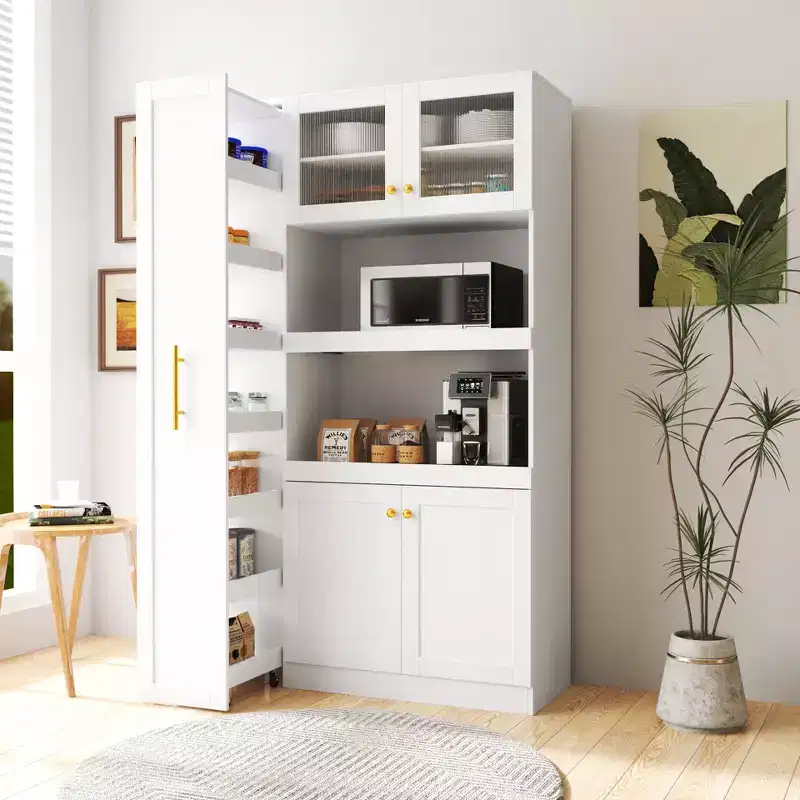 43W Multifunctional Kitchen Pantry Storage Cabinet Pantry Organizer with Pull-out Multi-tier Storage Shelf and 4 Doors, White-ModernLuxe