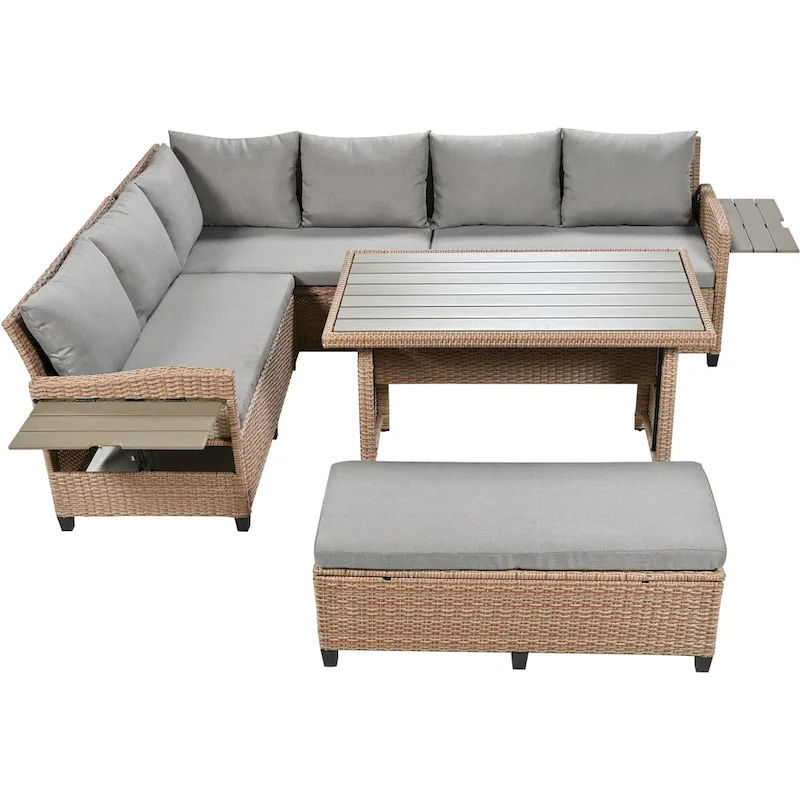 TOMAX 5-PieceRattan Sofa Wicker L-Shaped Set with 2 Extendable Side Tables