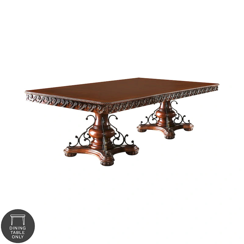 120-Inch Solid Wood Expandable Double Pedestal Dining Table in Brown Cherry