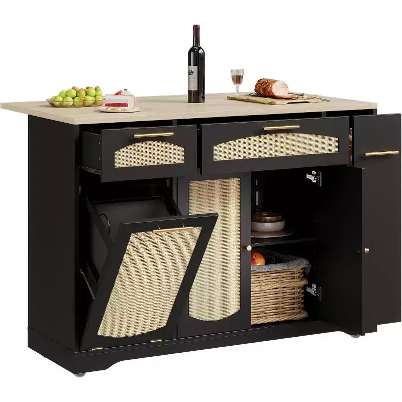 53 Rolling Kitchen Island with Rattan Doors & Drop-Leaf Breakfast Bar, Storage Cabinet with Hidden Trash Bin