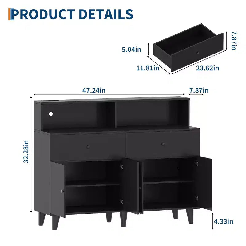 47.2 Coffee Bar Cabinet with Power Outlets, Buffet Sideboard with 2 Drawers, 4 Doors & Shelves