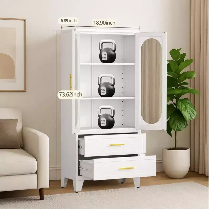 73 Tall Metal Storage Cabinet, Kitchen Pantry Cabinet with 2 Glass Doors, 2 Drawers, 2 Adjustable Shelves, White Cupboard Storage Organizer