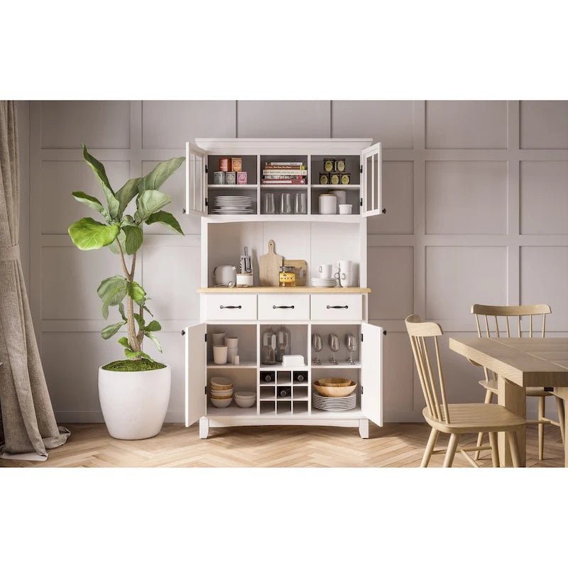 Off-White Server with Hutch & Wood Top