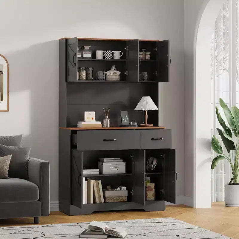 71 Pantry Cabinet with Charging Station, Kitchen Hutch Storage Cabinet with Countertop & Drawer, Farmhouse Food Pantry with Microwave Stand