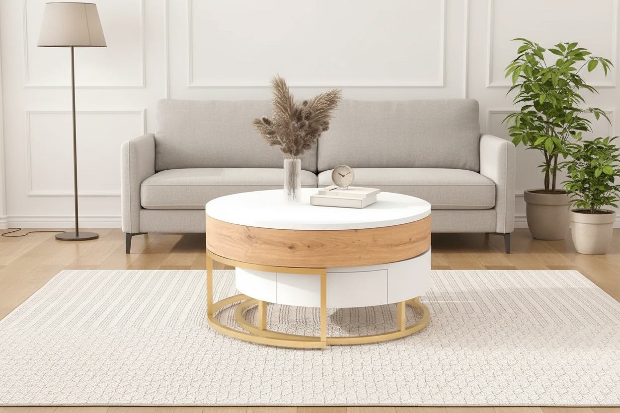 Modern Round Lift-Top Nesting Coffee Tables with Storage Drawers